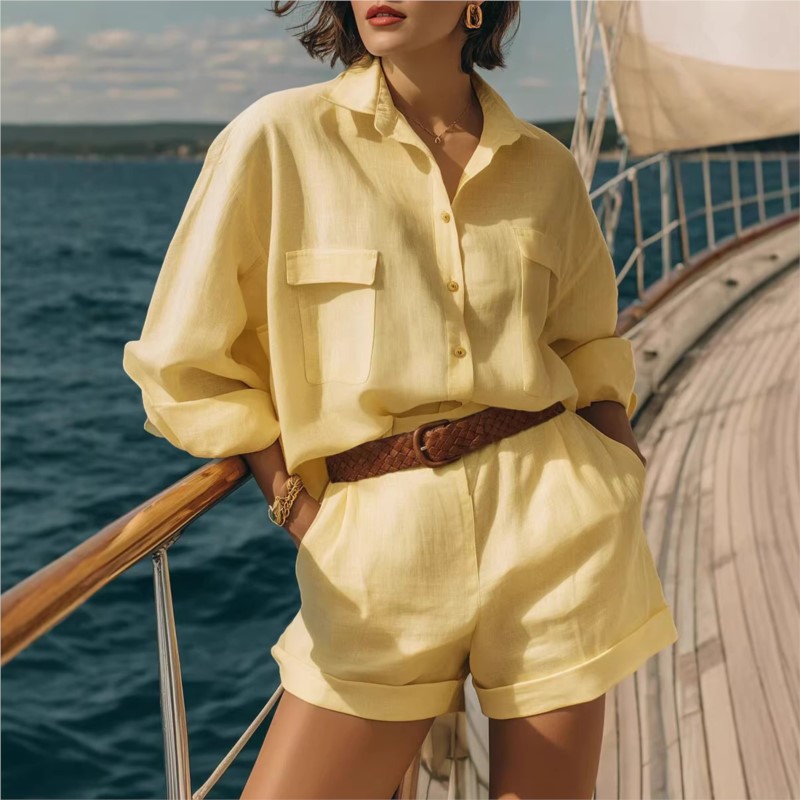 Summer Clothing Linen - Dames Blauwe Tweedelige Sets 2026 Lente