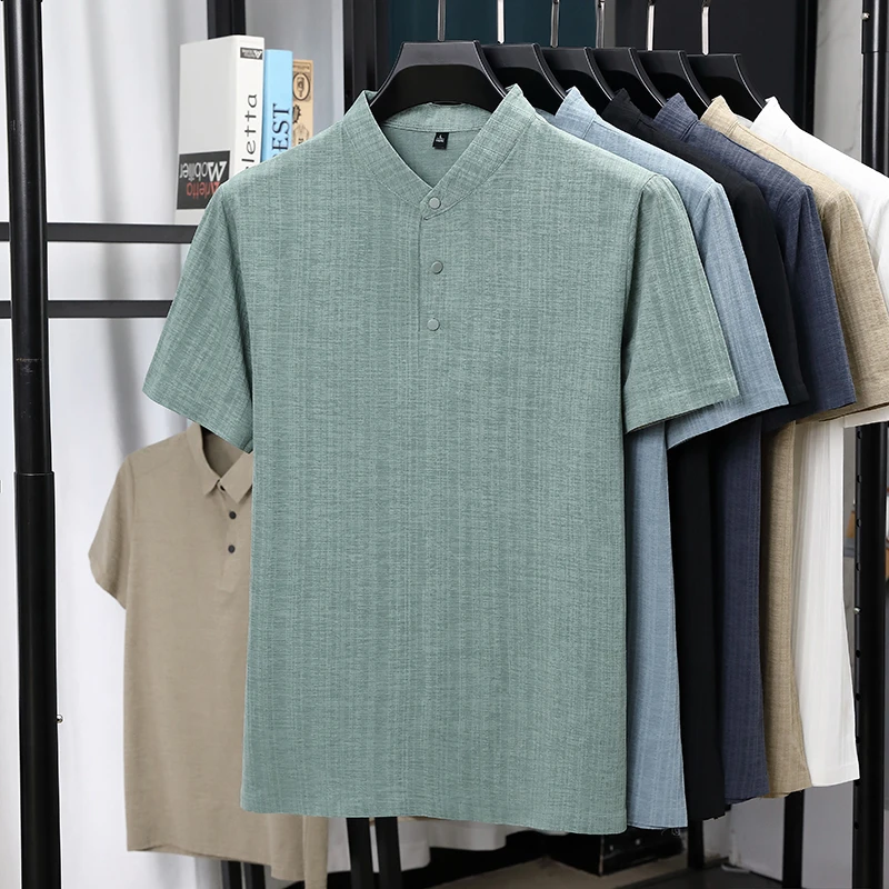 Summer Clothing Linen - Heren overhemden met mandarijnkraag, halve knoopsluiting,