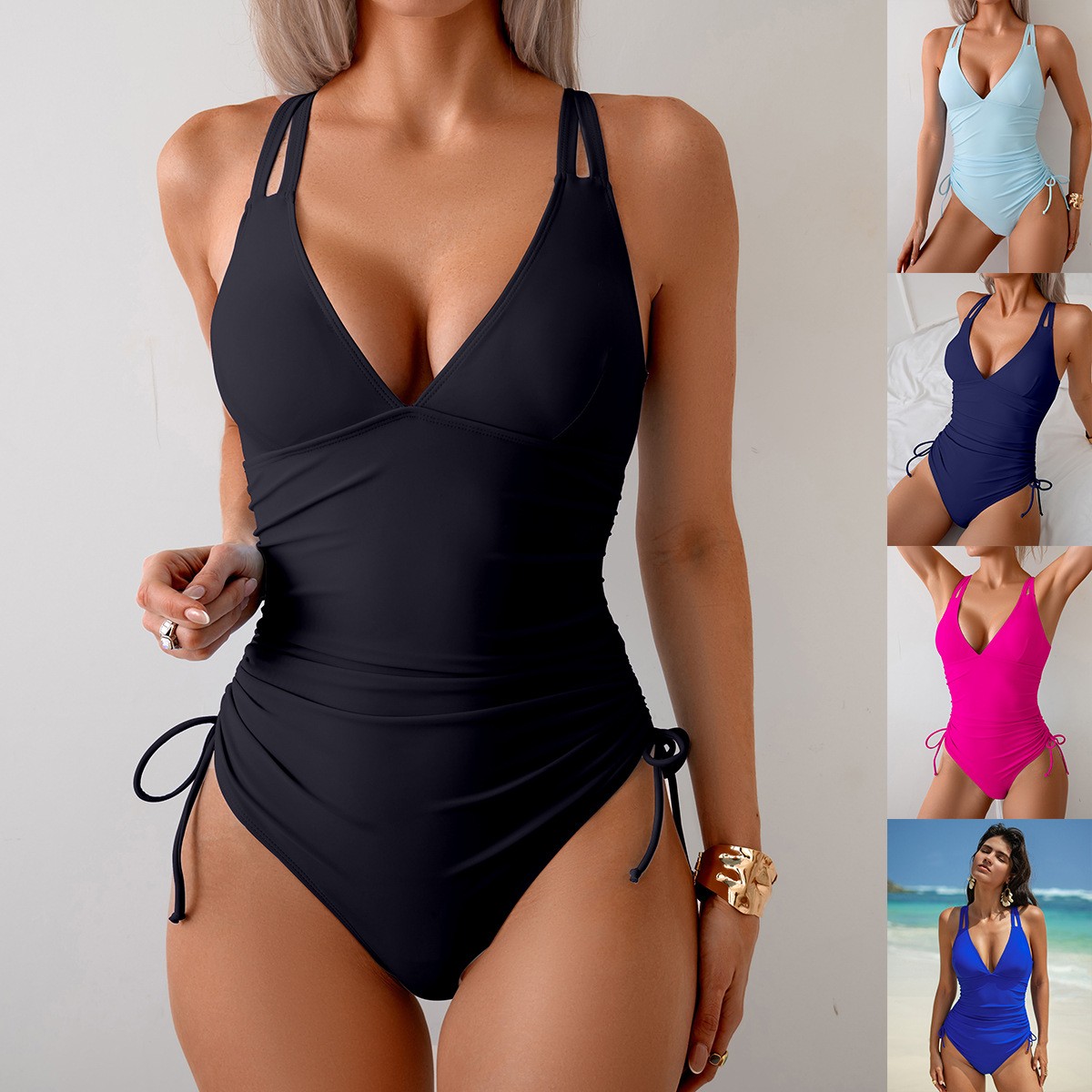 Swimsuit One Piece - Effen zwart badpak V-hals Gerimpelde taille