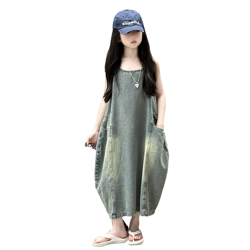 Summer Clothing Linen - Vintage blauwe kinderen meisjes hoge kwaliteit