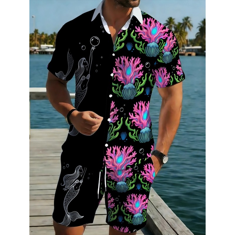 Beach Shirt Hawaiian - Heren polyester Hawaiiaans overhemd en korte